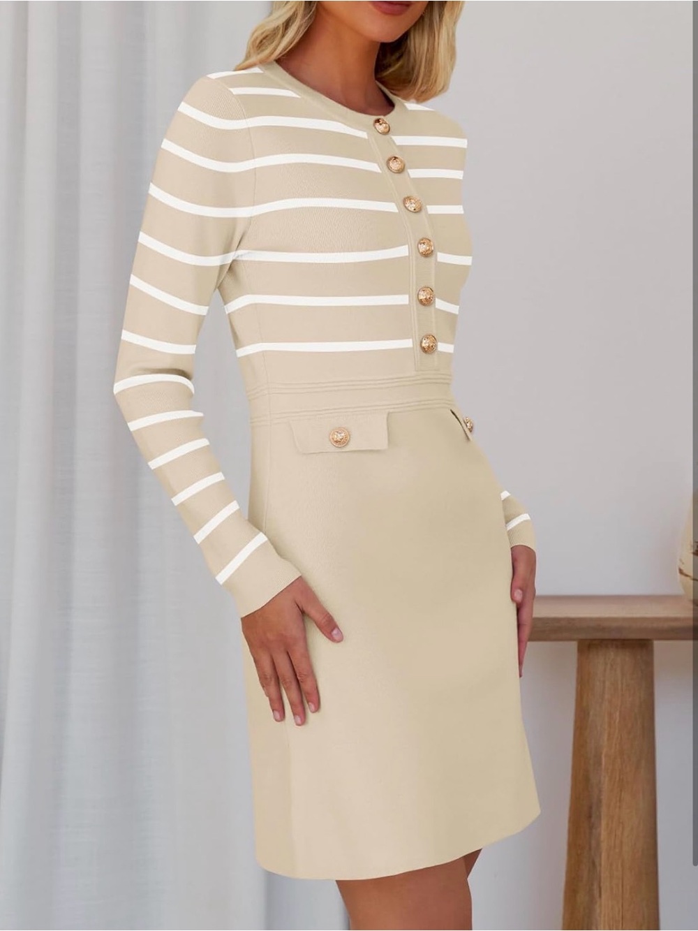 A93 MEROKEETY Beige Striped Long Sleeve Button-Front Mini XL Sweater Dress NWT - Picture 4 of 8